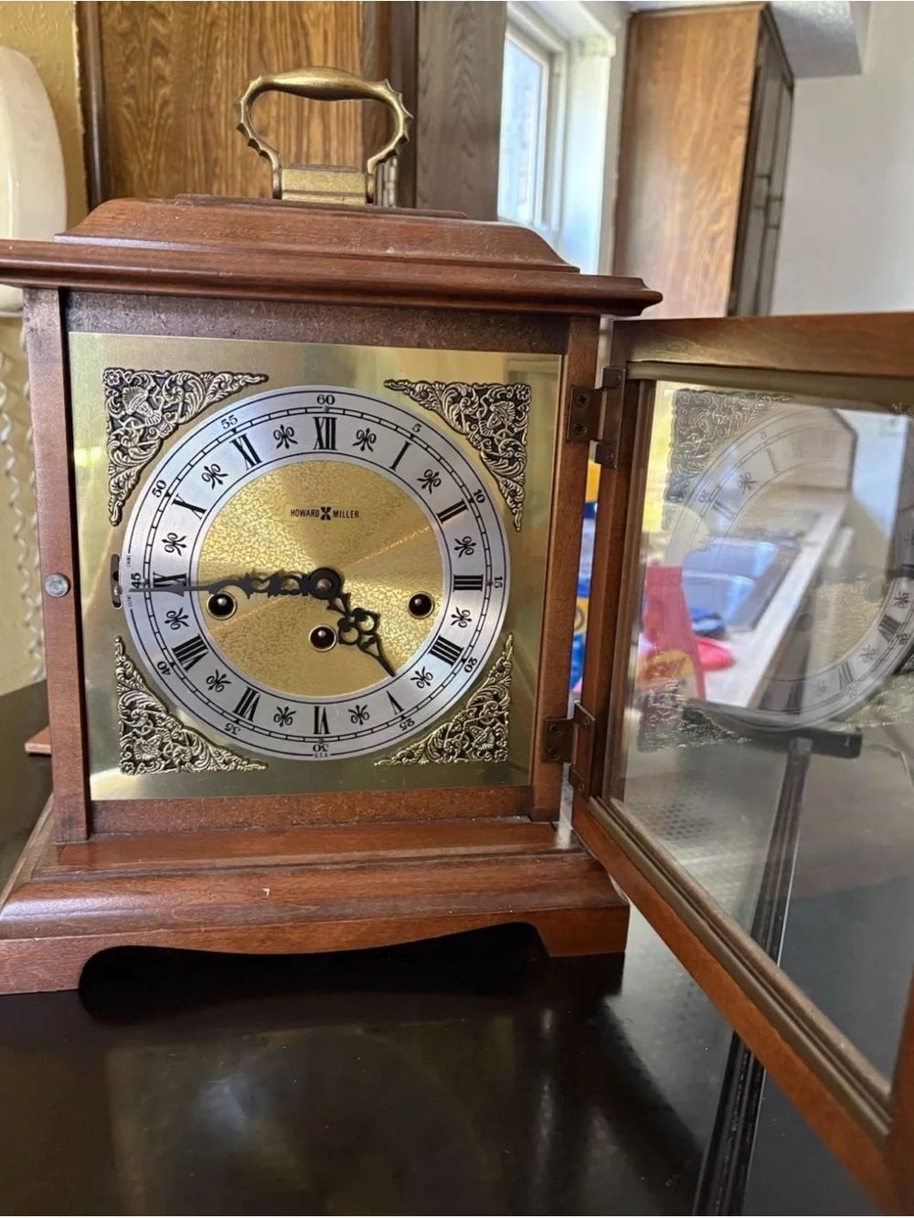 Vintage Howard Miller Brown and Gold Mantel Clock - with key